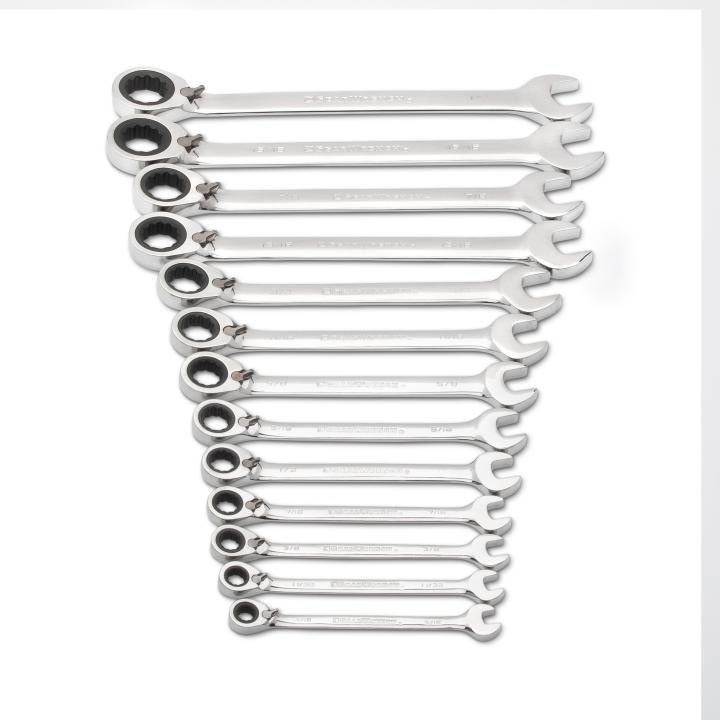 Combination Ratcheting Wrench Set, Reversible Regular Length, Imperial System of Measurement, 5/16 to 1 in, 13 Piece, 12-Point, 15° Offset, 72 Geared Teeth, Box End Drive, Polished Chrome/Mirror Polished