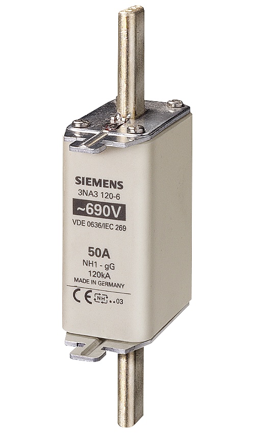 Fuse Link, Low Voltage, Series: 3NA, 125 A, 690 V AC/440 V DC, 120 kA Interrupt, Class: gG, 120 kA Short Circuit Current Rating, Blade Terminal, Surface Mount, Silver Plated Element, Ceramic, NH1 Body Size