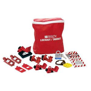 Breaker Lockout Pouch Kit, Language: English, 11 Piece, 7 in Height, 8 in Width, 3 in Depth, Nylon, White on Red