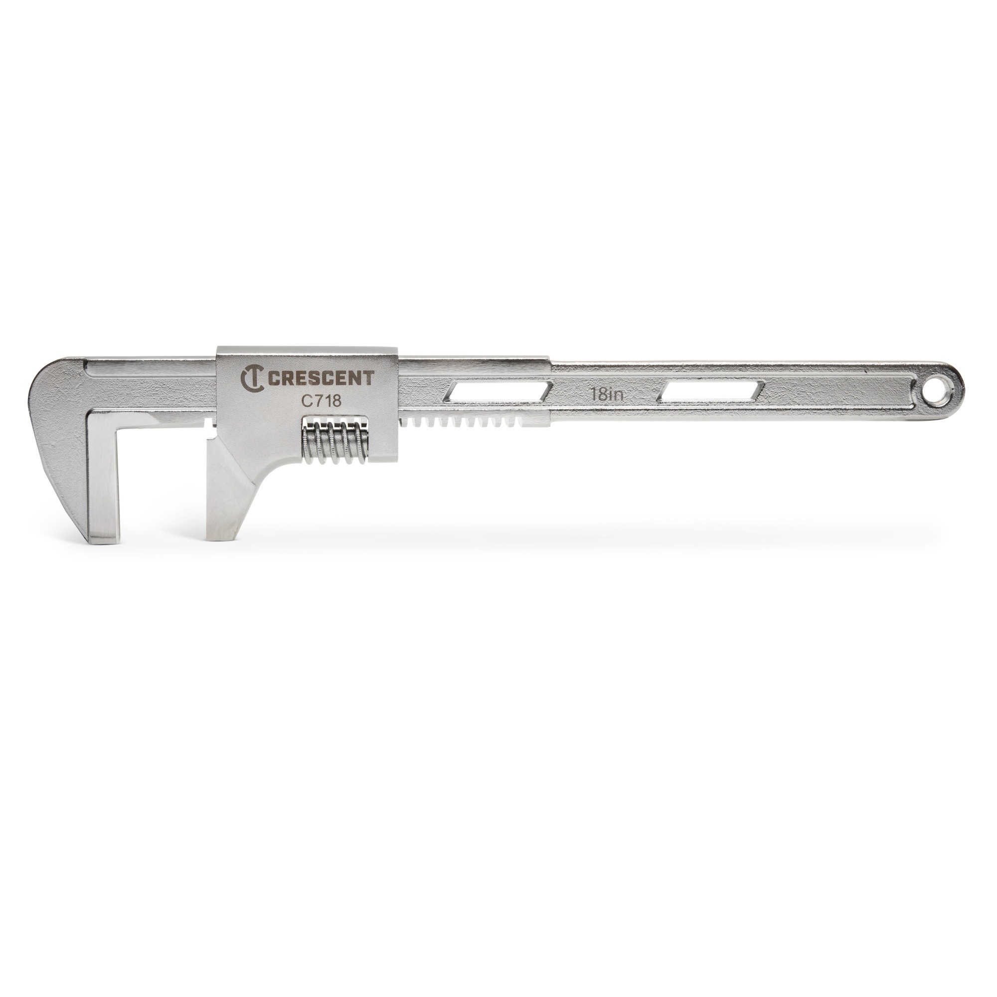 Adjustable Automotive Wrench, 4-3/8 in Wrench Opening, 18 in Overall Length, 0 .84 in Jaw Width, 3/4 in Jaw Thickness, I-Beam, Forged Tool Steel Body, ANSI Specified, Forged Tool Steel, Polished Chrome