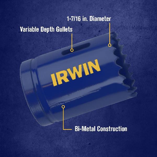 Hole Saw, Linear Edge, 1-7/16 in Dia, 4/6 TPI, HSS Cutting Edge, Bi-Metal Body, Toothed/Variable Pitch Cutting Edge, 240 RPM, Hex Shank, 3/8 in Shank, Blue, Applicable Materials: Aluminum, Brass, Cast Iron, Mild Steel, Stainless Steel, Steel, Tool St