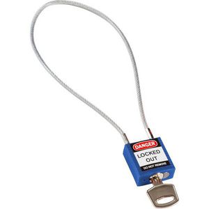 Cable Padlock, Compact, Different Key, Blue, Nylon Body, 0.16 in Shackle Dia, 40 cm Shackle Height, 8 in Shackle Width, PVC Encased Steel Cable Shackle, 1.31 in Body Length, 1-1/4 in Body Width, 5-Pin Tumbler Cylindrical, DANGER LOCKED OUT - DANGER /