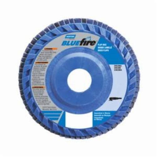 Coated Abrasive Flap Disc, Center Mount Quick-Trim Standard Density, Series: R884P, 4-1/2 in Disc Dia, 7/8 in Center Hole, P60 Grit, Coarse Grade, Zirconia Alumina Plus Abrasive, Type 27 Flat Disc, Fiberglass/Plastic Backing, 13300 RPM Maximum, Blue