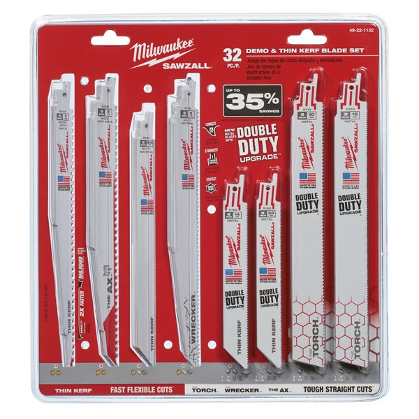 Reciprocating Saw Blade Set, Straight/Tapered Back, 32 Piece, Specifications: 1 in W, For Use With: Jig Saw, Bi-Metal, Bright, White, 1/2 in Dimensions