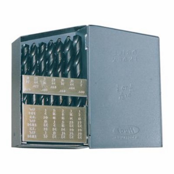 Jobber Length Drill Set, Heavy Duty, Series: 1801, Imperial System of Measurement, 1/16 in Minimum Drill Bit Size, 1/2 in Maximum Drill Bit Size, 135 deg Drill Point Angle, 29 Piece, Specifications: Right Hand Cut, Spiral Flute, Split Point, Straight