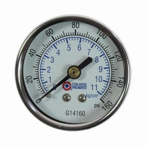 Pressure Gauge, Analog Dry Round, 0 to 160 psi Pressure, 1/4 in NPT Connection, 2 in Diameter Dial, +/- 3-2-3 Percent Accuracy, Center Back Mounting
