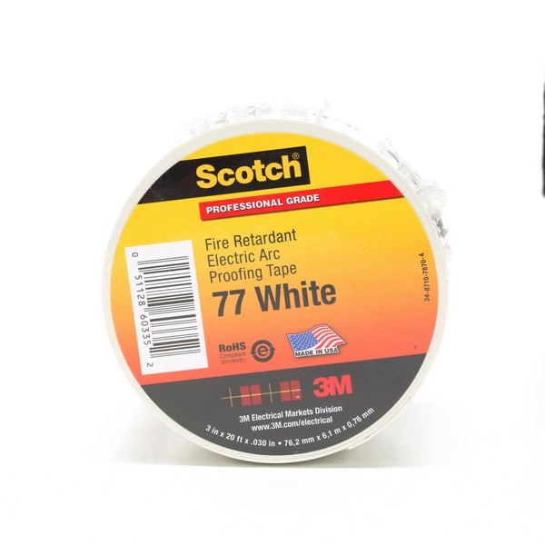 Electrical Tape, Flame-Retardant Insulated, Series: 77 Series, 20 Foot Length, 3 Inch Width, 30 mil Thickness, Gray/White, Intumescent Elastomer Backing, 10000 V/mil Dielectric Strength, 1200 PSI Tensile Strength, Specifications Met: ASTM D-2863, ASTM C-