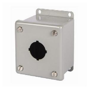 Pushbutton Enclosure, Class 52 Heavy Duty Oiltight, 3-1/2 in Length, 3-1/4 in Width, 2-3/4 in D, NEMA 12/13 NEMA Rating, Hinged Cover, 1 Outlet, Surface Mount, Steel Material, Gray Color