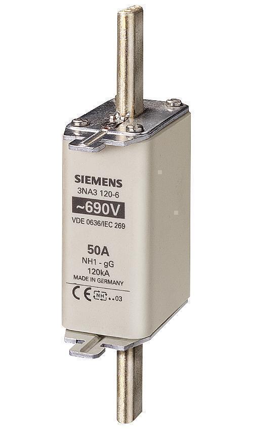 Fuse Link, Low Voltage, Series: 3NA, 100 A, 690 V AC/440 V DC, 120 kA Interrupt, Class: gG, 120 kA Short Circuit Current Rating, Blade Terminal, Surface Mount, Silver Plated Element, Ceramic, NH1 Body Size