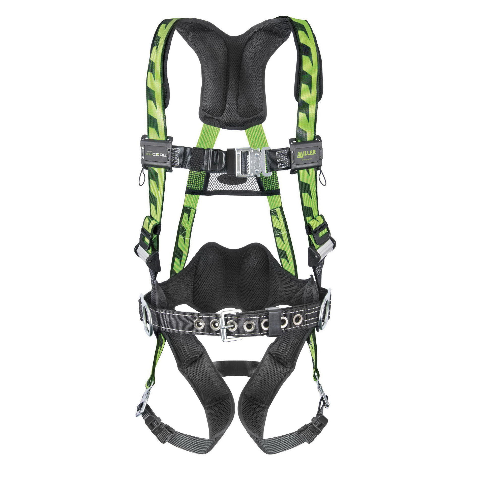 Harness, Universal Size, 400 lb Load, 5000 lb Tensile Strength, Quick-Connect Leg Strap Buckle, Quick-Connect Chest Strap Buckle, Polyester Strap, Full Body Style, Carbon Steel Hardware, Green, Clear Chromate