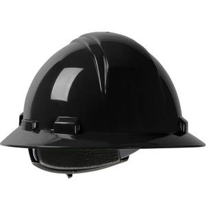 Hard Hat, Full Brim Non-Vented, Series: 280-HP641R, Universal Size, Fits Minimum Hat Size: 6, Fits Maximum Hat Size: 8, Black, Foam Polyethylene/Nylon, 4-Point Quick-Release/Textile Suspension, ANSI Electrical Class Rating: Class E, ANSI Impact Rating: ANSI/ISEA Z89.1 Type I, Graphics: Custom Logo, Wheel Ratchet Adjustment