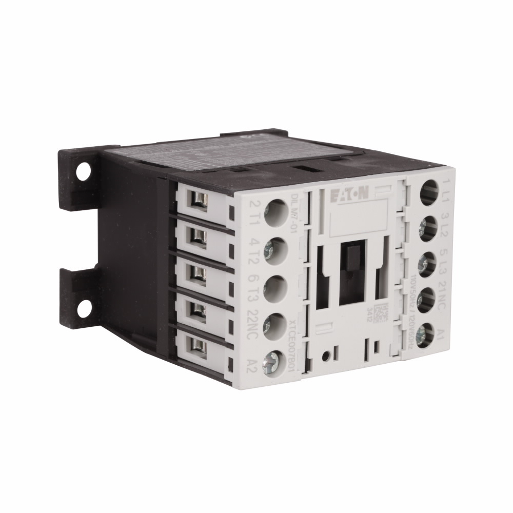 IEC Contactor, B-Frame Full Voltage Non-Reversing, 110 VAC at 50 Hz, 120 VAC at 60 Hz Coil, 9 A Maximum Load Current, 1/2 hp at 115 VAC 1 ph, 1 hp at 200 VAC 1 ph, 1-1/4 hp at 230 VAC 1 ph, 3 hp at 200/230 VAC 3 ph, 5 hp at 460 VAC 3 ph, 7-1/2 hp at 575 VAC 3 ph Coil Power Rating, 3 Pole, 50/60 Hz, 1NC, 45 mm, Screw Terminal, DIN Rail/Panel Mount