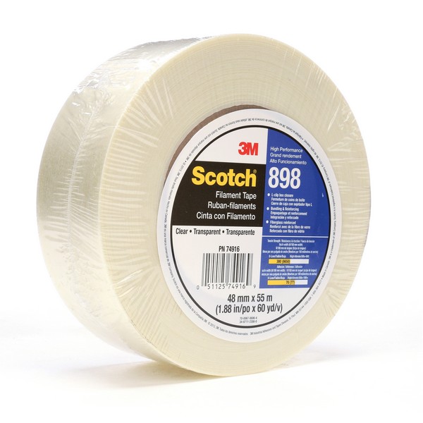 Filament Tape, High Performance, 55 m Length, 48 mm Width, 6.6 mil Thickness, Fiberglass Yarn Filament, Clear, Synthetic Rubber Adhesive, Polypropylene Backing, 70 in-oz Adhesion Strength, 380 in-lb Tensile Strength, Specifications Met: ASTM D5330