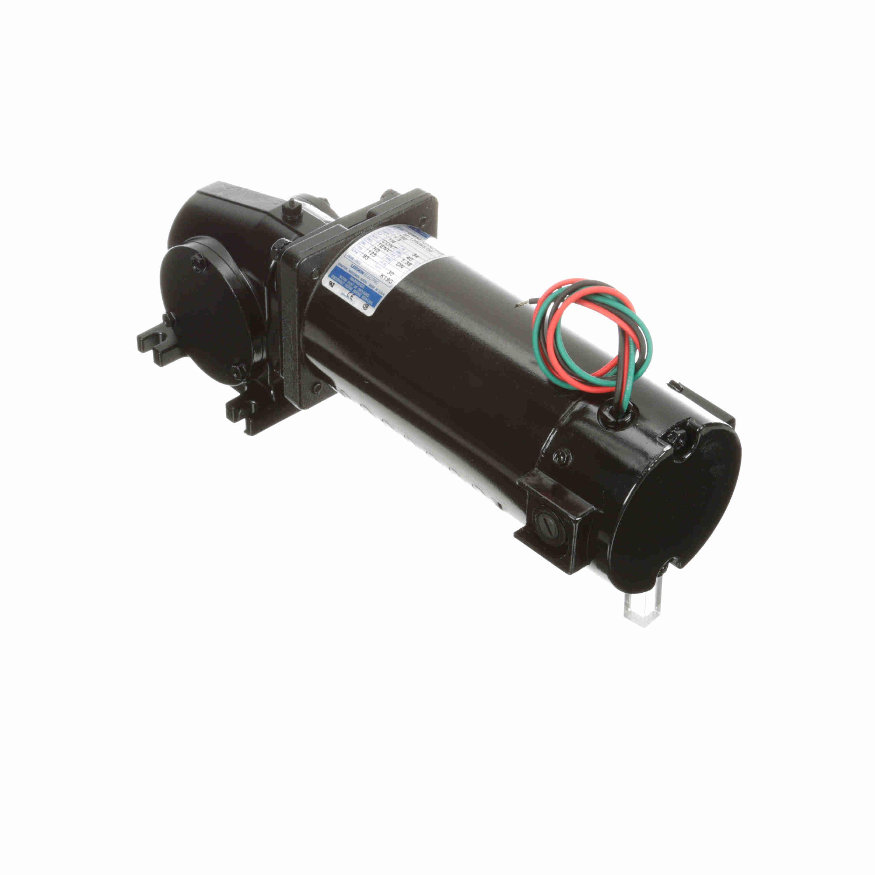 Gear Motor, Right Angle Continuous Duty, 180 V DC, 1.3 A Full Load Amperage, 0.25 hp, 83 RPM Maximum, 0.63 in Shaft Dia, 1.83 in Shaft Length, Reversible, 125 in-lb, 30:1 Gear Ratio, Worm Gear, Ball Bearing, 235 lb Overhung Load, Special Mount, 40 °C, Class H Insulation, Totally Enclosed Nonvented (TENV), Aluminum Housing, 12.64 in L x 6.61 in H