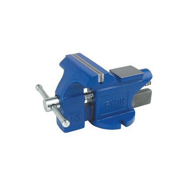 Bench Vise, 4 in Jaw Opening, 4-1/2 in Jaw Width, Steel Jaw, 2-3/8 in Throat Depth, Stationary Base, Bolted-Down Mounting, Steel Handle, Fused Handle, Cast Iron, Blue, Enamel Coated