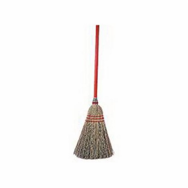 Toy/Lobby Broom, 40 in Overall Length, 11 in Trim Length, Corn/Fiber Bristle, Gray Bristle, 7/8 in Handle, Red Wood Handle, 3 Sews