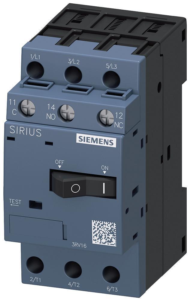 Motor Protection Circuit Breaker, 400 VAC, 3 A, 50/60 Hz Frequency, 50 kA Interrupt, 3RV1/S00 Frame, Thermal/Magnetic Trip, 3 Pole, Screw Connection, 1CO Auxiliary, 18 to 2 AWG Wire, IP20 Enclosure, DIN Rail Mounting, -20 to 60 °C, 90 mm H x 45 mm W