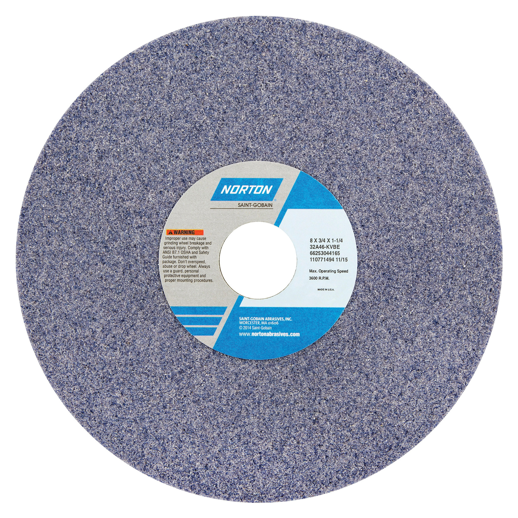 Toolroom Wheel, Straight, Series: 32A, 8 in Wheel Diameter, 3/4 in Wheel Thickness, 1-1/4 in Center Hole, 60 Grit, Medium Grade, Aluminum Oxide Abrasive, 3600 RPM Maximum, Wheel Hardness: H, Vitrified Bond, Purple Wheel, Wheel Type Number: Type 1