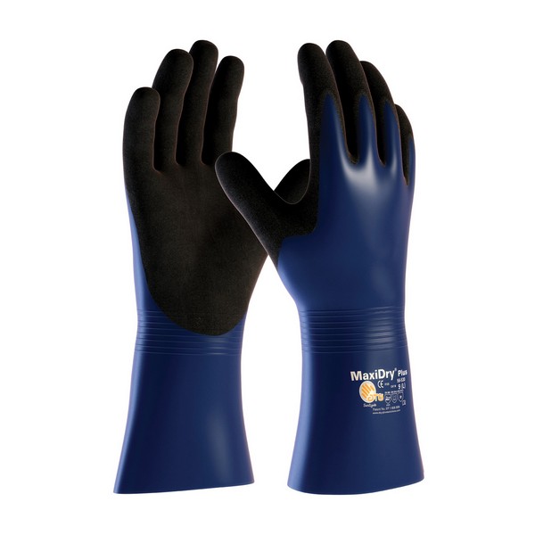 Chemical Resistant Gloves, Liquidproof Supported, Series: 56-530, L, Blue/Black, Non-Slip Grip, Nylon/Lycra®, Gauntlet Cuff, Nitrile, 12 in Length, Resists: Abrasion, Chemicals, Oil, Puncture, Snag and Tear