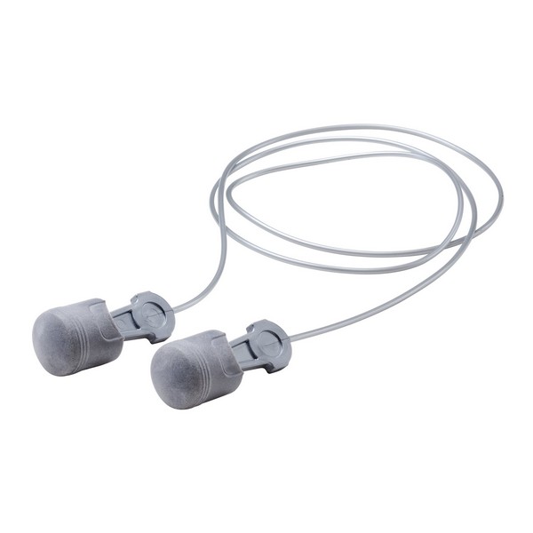 Earplugs, Uncorded Design, 26 dB Noise Reduction, Cylindrical Shape, Universal Size, Silver Plug, Polyurethane Plug, Vinyl Cord, Specifications Met: ANSI S3.19-1974, Disposable/Reusable: Reusable