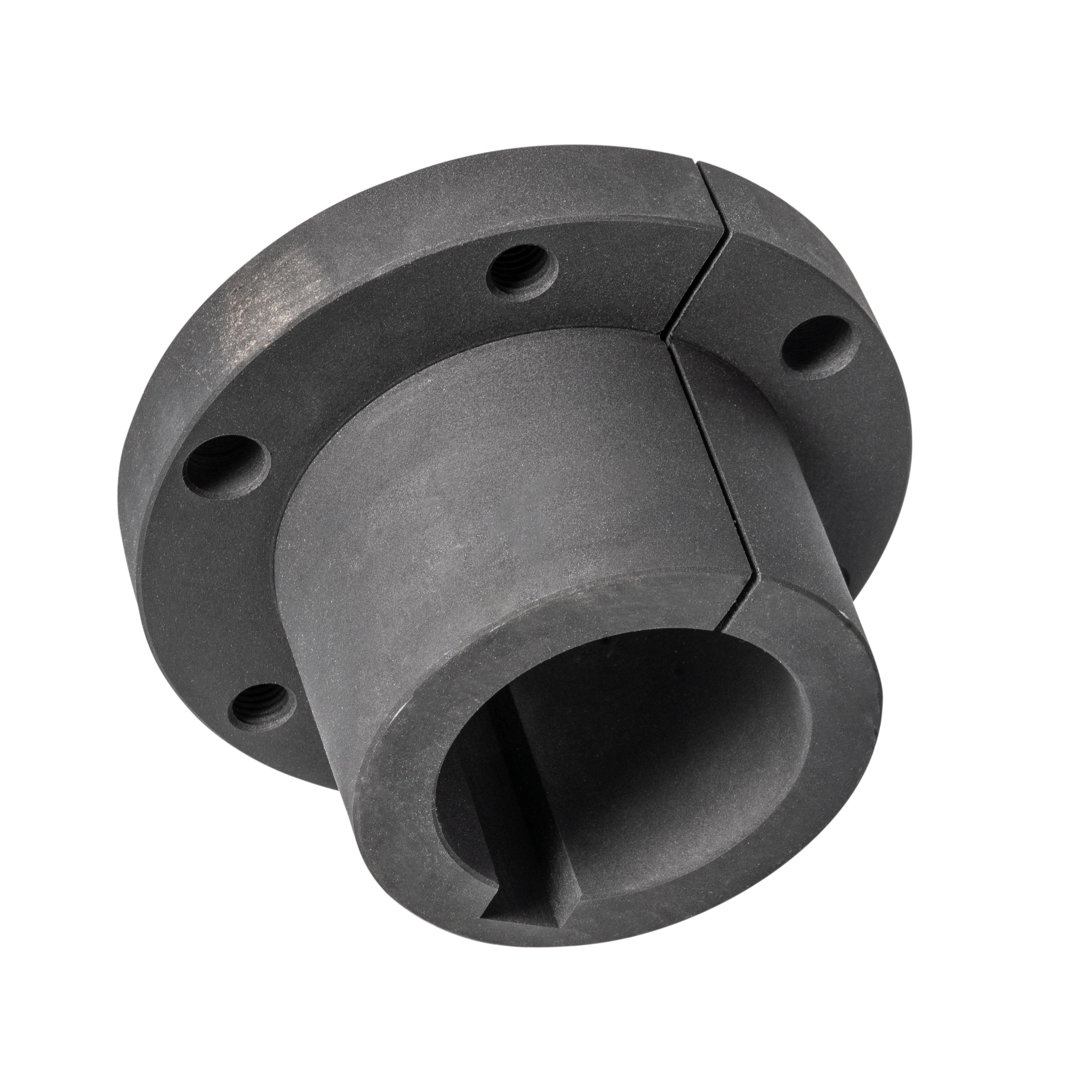 QD Bushing, Clamp Fit, Series: E Series, 1.43 in Bore, 6 in Barrel Diameter, 5 in Diameter Bolt Circle, 6 in Diameter Flange, 7/8 in Flange Thickness, 3/8 in Screw, 2.75 in Overall Length, 3/8 x 3/16 in Keyway, Ductile Iron, Black Phosphate