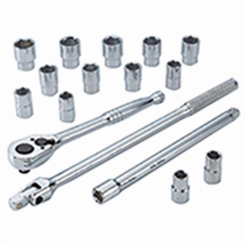Socket Set, Measurement System: Metric, 1/2 in Drive, Pear Head Shape, 6 Points, Flexible Handle, 17 Piece, Sockets Included: Yes, Specifications Met: ANSI Specified, Steel, Full Polished