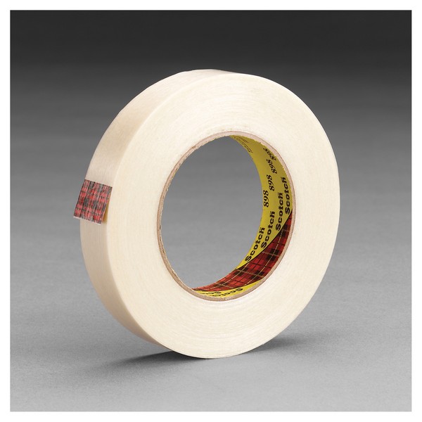 Filament Tape, Reinforced Strapping, 330 m Length, 12 mm Width, 6.6 mil Thickness, Fiberglass Yarn Filament, Clear, 3 Inch Diameter Core, Synthetic Rubber Adhesive, Polypropylene Backing, 70 in-oz Adhesion Strength, 380 in-lb Tensile Strength, 80 °F Ma