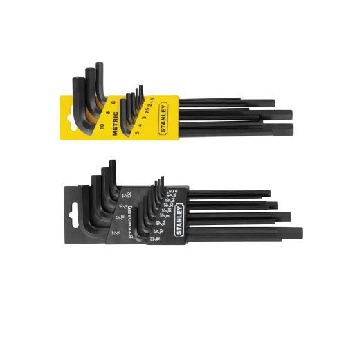 Hex Key Set, Long Arm, Measurement System: Metric/Imperial, 22 Piece, 1/20 to 3/8 in, 1.5 to 10 mm Hex, Specifications Met: ANSI Specified, Steel, Black Oxide