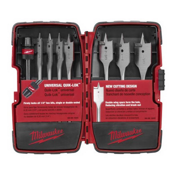 Flat Boring Bit Set, Universal, 8 Piece, Specifications: 6 in OAL, 1/4 in Hex Shank, For Use With: Universal Extension Bit, High Carbon Steel