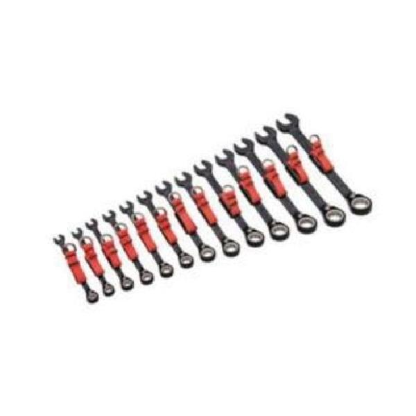 Combination Wrench Set, Anti-Slip Ratcheting Reversible Tether Ready, Metric System of Measurement, 7 to 19 mm, 13 Piece, For Use With: 4, 6, 12 Point, Spline and Torx® Fastener, 12 Point, 15˚ Offset, Spline Point, Box/Open End Drive, Chrome Vanadium