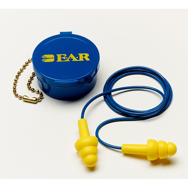 Earplugs, Corded Design, 25 dB Noise Reduction, Flanged Shape, Universal Size, Yellow Plug, Elastomeric Polymer Plug, Blue Cord, Vinyl Cord, Specifications Met: ANSI S3.19-1974, Disposable/Reusable: Reusable