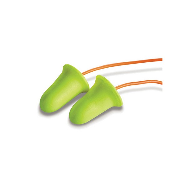 Earplugs, Corded, Series: 33 dB Noise Reduction, Bell Shape, R Size, Yellow Plug, Polyurethane Foam Plug, Orange Cord, Vinyl Cord, Disposable/Reusable: Disposable