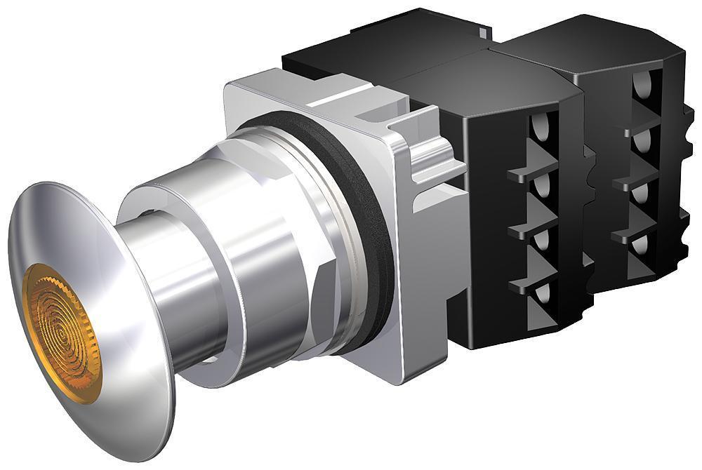 Illuminated Push-Pull Switch, 30 mm Size, 2NC ContConfiguration, Silver Contact, Momentary-In/Momentary-Out ContMode, 60 A at 110 VAC, 30 A at 230 VAC, 15 A at 400 VAC, 12 A at 500 VAC Contact, 44.5 mm Mushroom Head Operator, 3 Positions, Incandescen