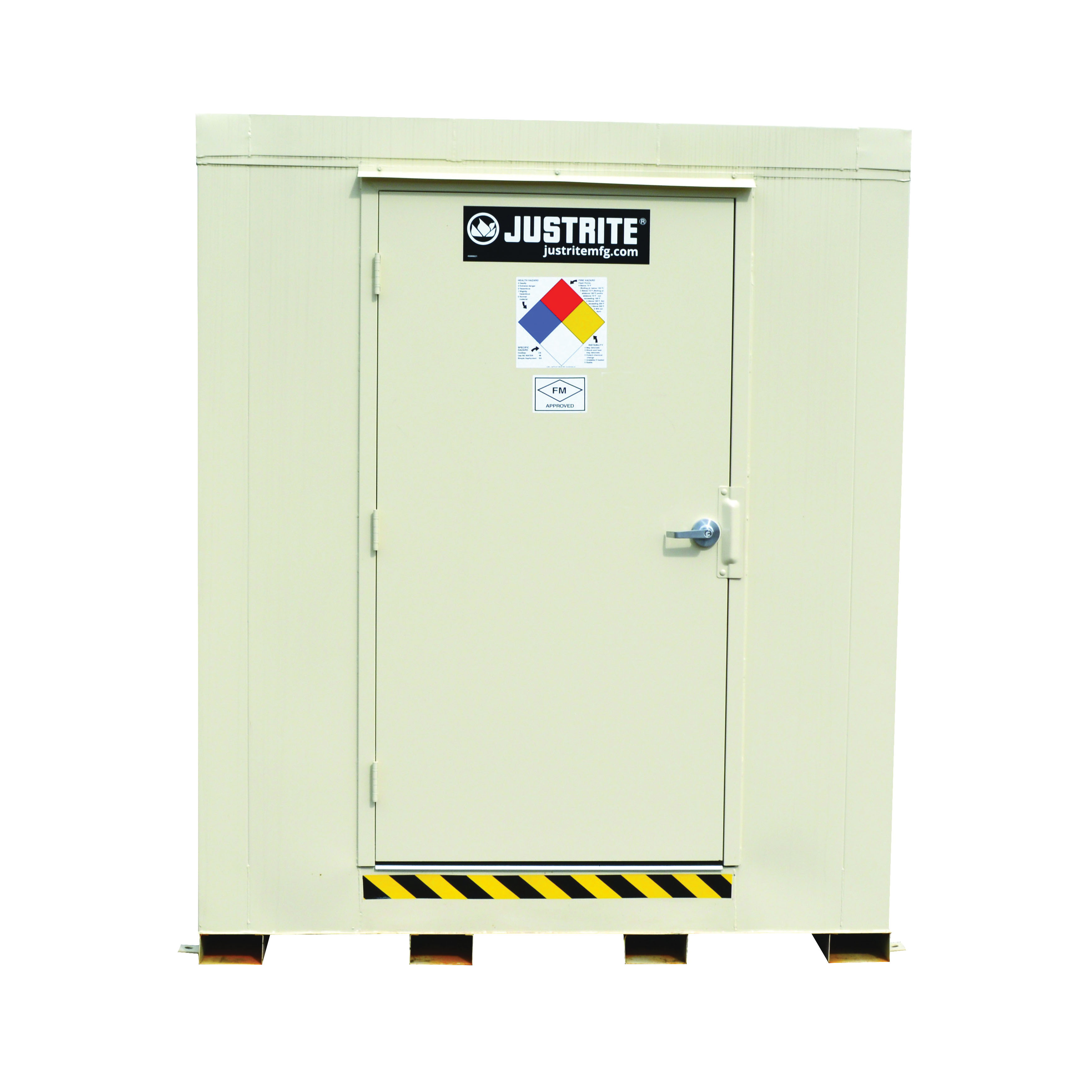 Outdoor Safety Locker, Fire Rating: 2 hr, (12) 55 gal Drum, 12000 lb Load, 221 gal Sump, 97 in Height, 88 in Width, 112 in Depth, Fire-Rated Door, 1 Doors, Heavy Gauge Steel, Bone
