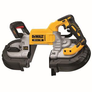 Cordless Band Saw, Dual Switch, Bare Tool/Kit: Kit, Cutting Capacity: 5 in, 44-7/8 in L Blade, 0 to 490 fpm Speed, 20 VAC, Lithium-Ion Battery, Plastic Housing Material, D-Ring Handle, Black/Yellow, 20-3/4 in L x 20-3/4 in W x 17 in H Dimensions