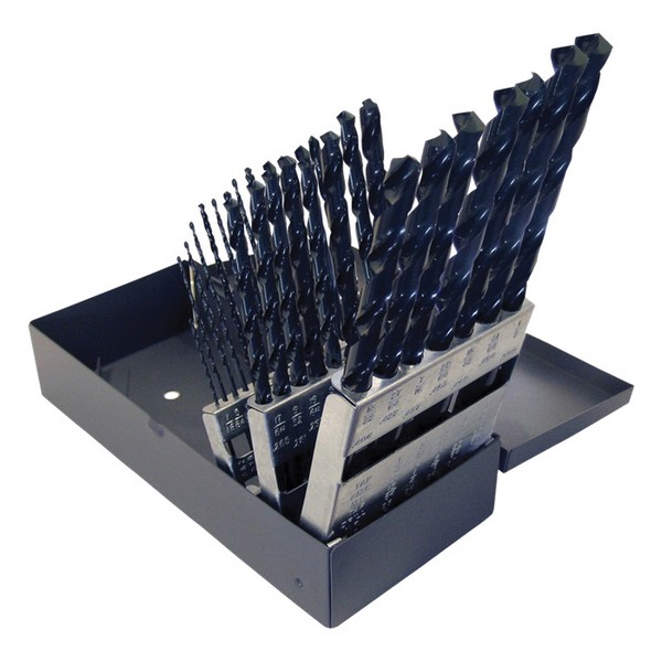 Taper Length Drill Set, Series: 120, Imperial System of Measurement, 1/16 in Minimum Drill Bit Size, 1/2 in Maximum Drill Bit Size, 118 deg Drill Point Angle, 29 Piece, Specifications: Radial Point, Right Hand Cut, Spiral Flute, Straight Shank, HSS,