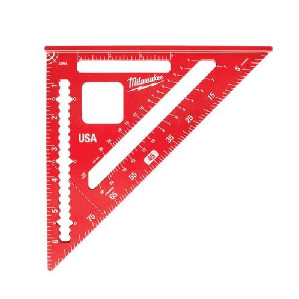 Rafter Square, 7 in Size, Graduations: 1/8 in, Measuring System: Imperial, 7-1/4 in Width, Extruded Aluminum, Red