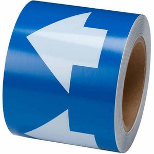 Arrow Tape, Permanent Acrylic, White on Blue, 4 in Width, 30 yd Length, 0.004 in Thickness, B-946 Vinyl, 270 Markers per Card