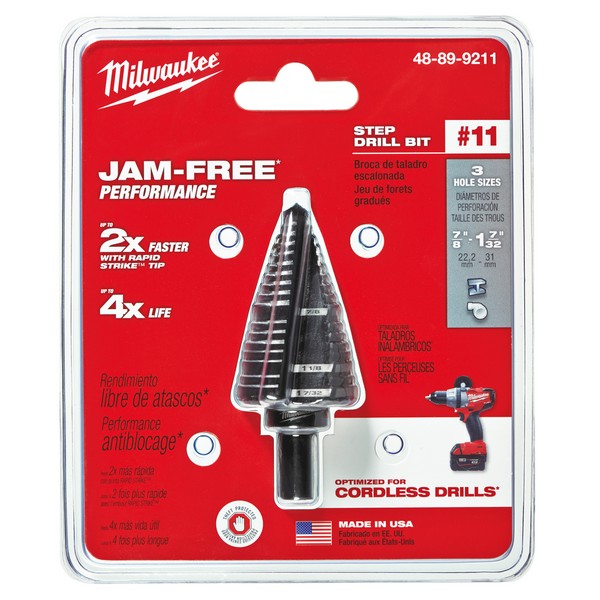 Step Drill Bit, Imperial, #11 Letter/Wire, 7/8 in Diameter Minimum Hole, 1-7/32 in Diameter Maximum Hole, 13 Steps, 3 Hole, 2 Flutes, 3/8 in Shank, 3-Flat/Reduced Shank, HSS Cutting Edge, HSS, Black Oxide, Applicable Materials: Metal and Plastic