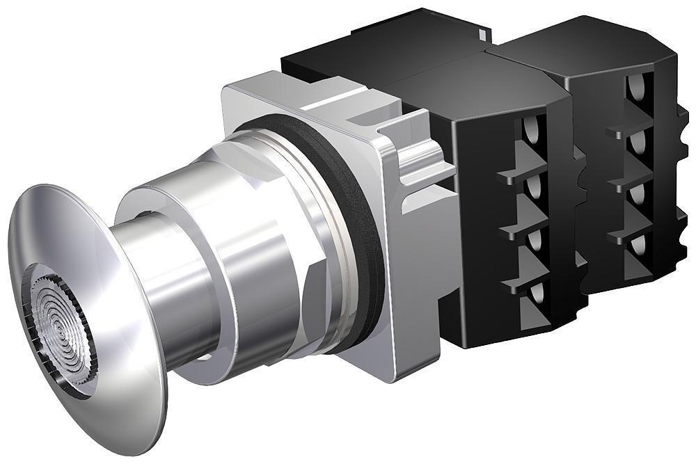 Illuminated Push-Pull Switch, 30 mm Size, 2NC ContConfiguration, Silver Contact, Momentary-In/Momentary-Out ContMode, 60 A at 110 VAC, 30 A at 230 VAC, 15 A at 400 VAC, 12 A at 500 VAC Contact, 44.5 mm Mushroom Head Operator, 3 Positions, Incandescen