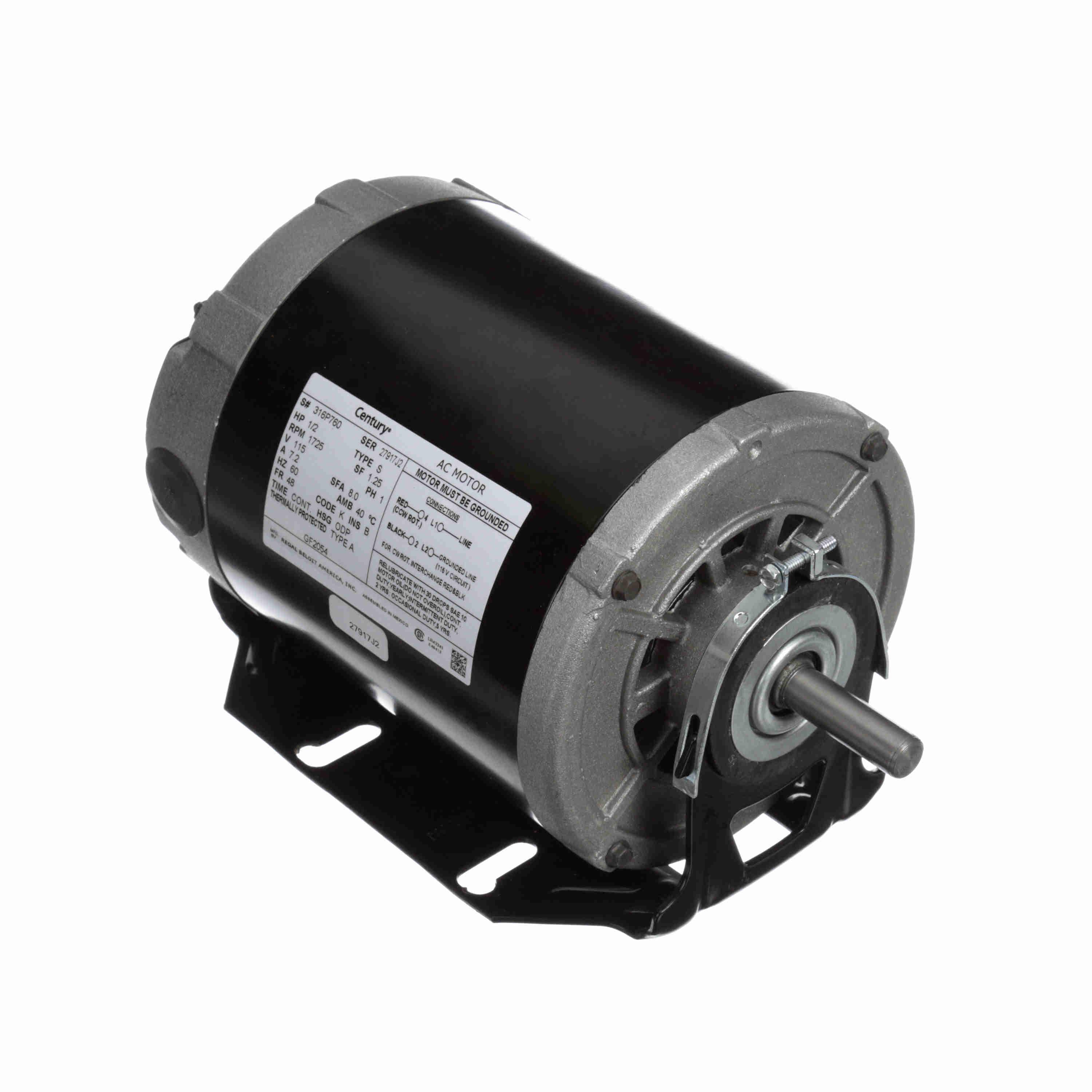 AC Motor, Split Phase, 1/2 HP, 115 VAC, 7.2 A, 60 Hz Frequency, 1 ph, 1725 RPM Speed, 1 Speed, Open Enclosure, 48 Frame, Reversible Rotation, Sleeve Bearing, Resilient Base Mounting, 40 °C, 9.9 in L Dimensions