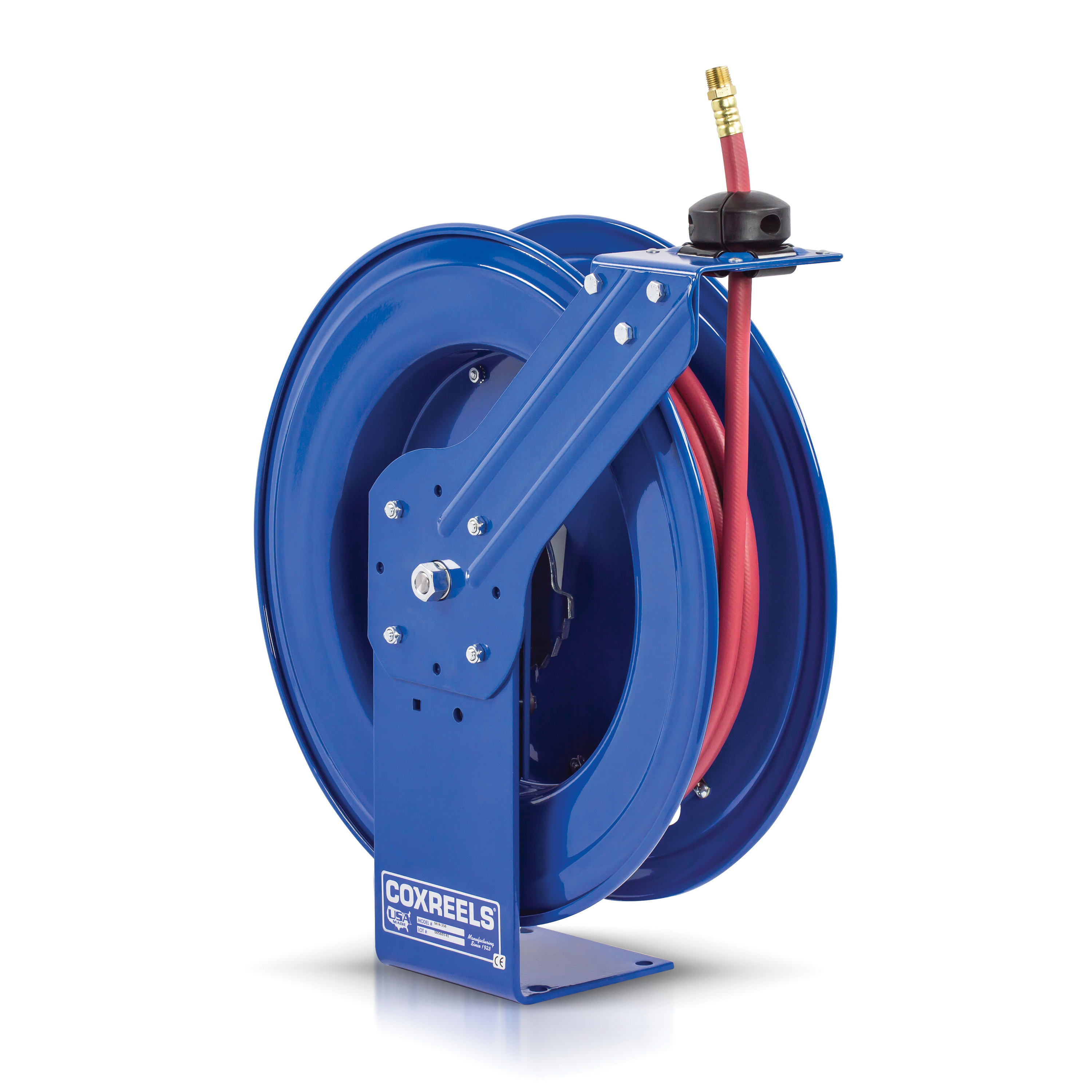 Spring Driven Hose Reel, 1-Pedestal Heavy Duty Low Pressure, Series: SH Series, 3/8 in ID x 5/8 in OD x 50 ft L Hose, 300 PSI Pressure, Cartridge Style Spring Motor Drive, Bench/Ceiling/Floor/Vehicle Mounting, Brass Swivel, Nitrile Seal, 19-1/2 in L x 8-1/4 in W x 21-1/4 in H Dimensions, Steel, CPC™ Powder Coated, Blue, Import
