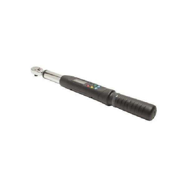 Torque Tester, Electronic Standard, 3/8 in Drive, 5 to 99 ft-lb Torque, Ratcheting Head, 16-19/64 in Overall Length, CW/CCW Rotation, +/-2%, +/-3% Accuracy, Setting: Follow Mode/Peak, Digital Display, Audible/Visual Indicator, (2) AA Batteries Power