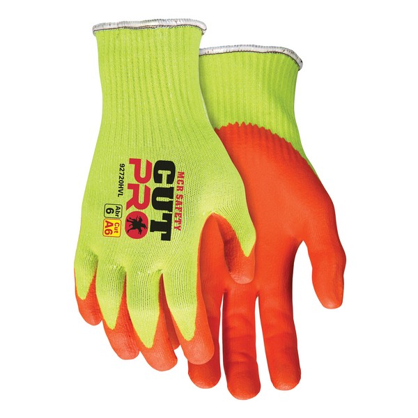 Cut-Resistant Gloves, Series: Cut Pro™ 92720HV, L, Nitrile Foam Palm, Nitrile Foam Coating, HyperMax™, Hi-Viz Lime/Orange, Seamless, HPPE, Knit Wrist Cuff, 11.22 in Length, A6 ANSI Cut-Resistance Level, 4 ANSI Puncture-Resistance Level, Resists: Abra