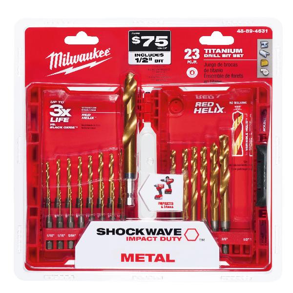 Drill Bit Kit, Impact Duty, 23 Piece, Specifications: 10.39 in L, 135 deg Point, For Use With: All Drill, HSS, Titanium Coated
