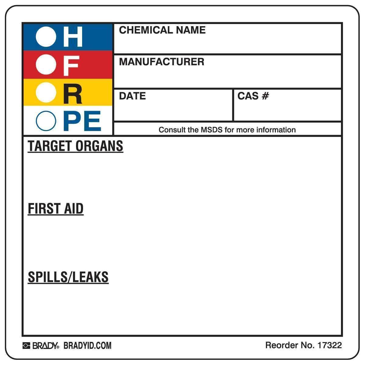 HMIG Label, Flat Square, 3-7/8 Inch Width, Legend: H, F, R, PE, Black/Blue/Red/Yellow on White Legend/Background, Polyester, 250 per Roll Labels