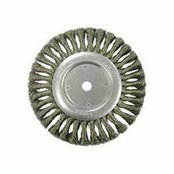 Wire Wheel Brush, Wide Face, 8 in Brush Dia, 5/8 in, Standard/Twist Knot Wire, 0.014 in Wire Dia, Steel Wire, 6000 RPM Max