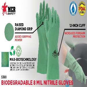 Biodegradable Gloves, Small Size, Nitrile Palm, Green, Unlined Lining, Straight Cuff, 12 in Length
