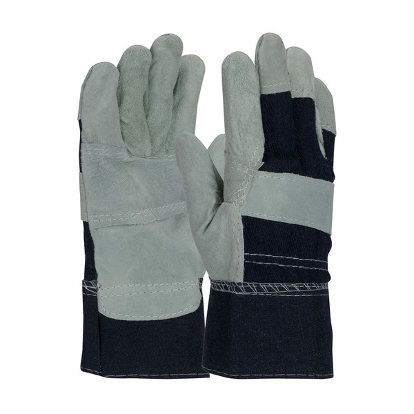 Leather Palm Gloves, Economy Grade Men's, Series: Economy, Split Cowhide Leather Palm, Split Cowhide Leather, Gunn Cut/Wing Thumb, Cotton, Denim Safety Cuff, Uncoated, Elastic/Knuckle Strap Closure, Resists: Abrasion and Cut