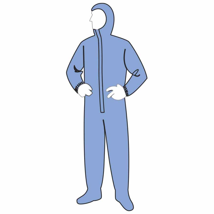 Coverall with Attached Hood and Boot, Series: 19122, XL Size, Blue, SpunBonded Polypropylene/MeltBlown Polypropylene, Serged Seam, Front Zipper Closure
